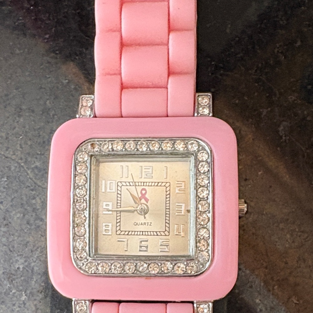 Breast Cancer Square Face Watch with Rhinestones in Pink - Picture 2 of 3